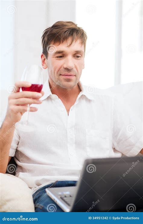 Man With Laptop Computer And Glass Of Rose Wine Stock Photo Image Of