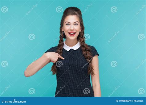 Expressive Woman Pointing Finger Himself Toothy Smile Looking Stock