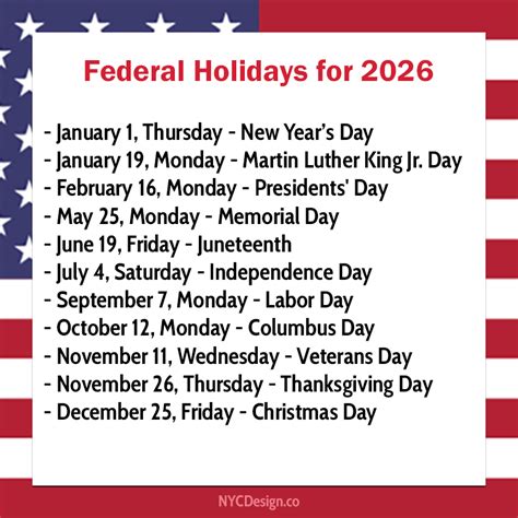 Dates Of Federal Holidays For 2026 Printable Things