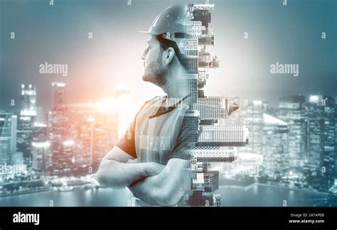 Future building construction engineering project concept with double