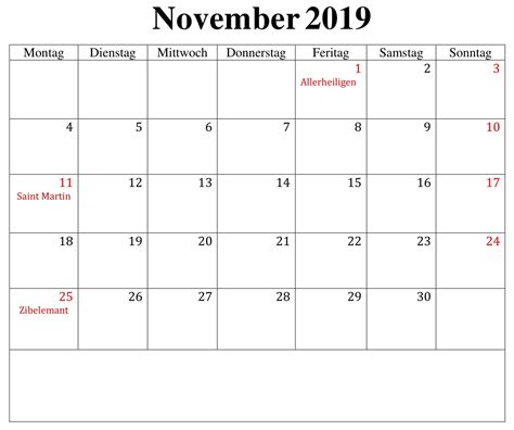 Excel Kalender November 2019 Mit Feiertagen November Monthly