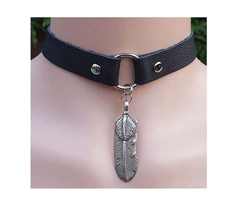 Black Leather Choker Silver Feather Necklace Boho Necklace Etsy Uk