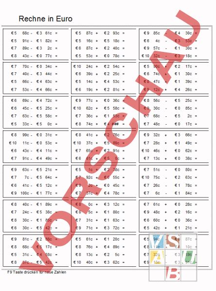 Kostenlose arbeitsblätter zum rechnen mit geld / euro und cent in der 1. Arbeitsblatt: Rechne in Euro und Cent - Mathematik - Gemischte Themen