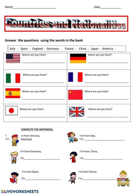 The Worksheet For Countries And Nationalitiess With Pictures On It