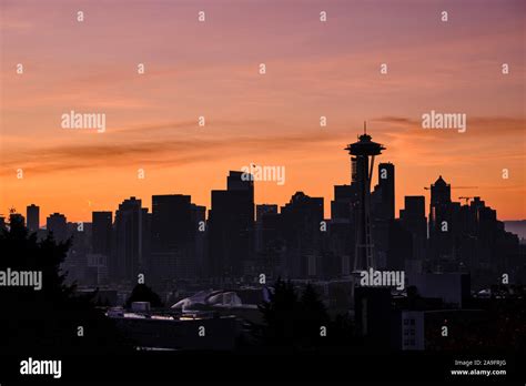 Downtown Seattle During Sunrise Photo 1 Of A Panorama Stock Photo Alamy