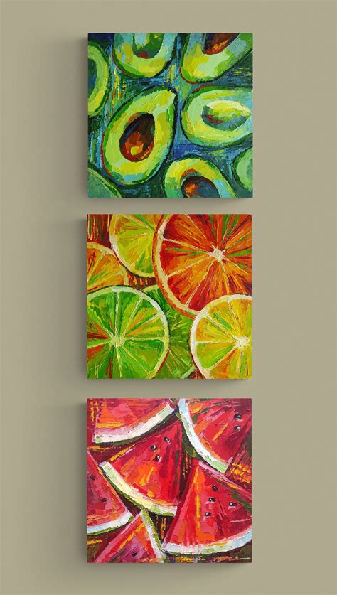 Triptych Three Oil Paintings On Canvas Avocado Citrus Watermelon