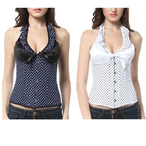 Wholesale Black And White Polka Dotted Halter Corset With Satin Cups