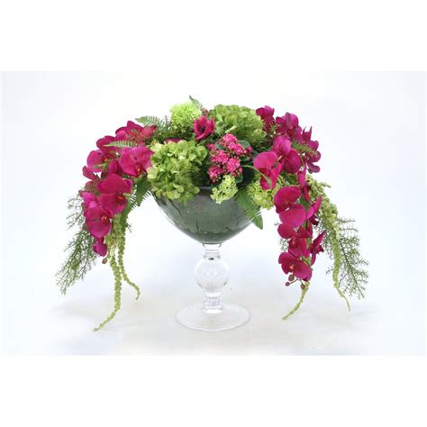 Distinctive Designs Hydrangea With Orchids And Hanging Amaranthus In Glass Bowl With Pedestal