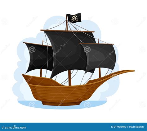 Pirate Ship With Black Sails And Square Rigged Mast Navigating Upon