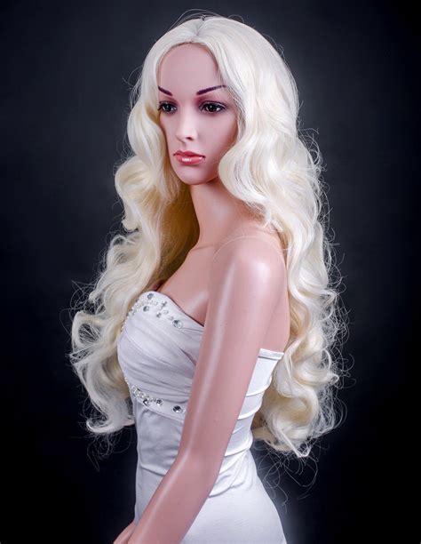 Ladies Platinum Blonde Long Wavy Fringeless Wig Forever Young