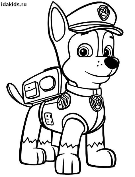This is black and white picture of chase paw patrol to color. Coloring Book Paw Patrol Print Free A4 50+ Pictures