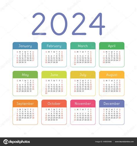 Calendário 2024 Ano Bolso Quadrado Vetorial Colorido Inglês Modelo