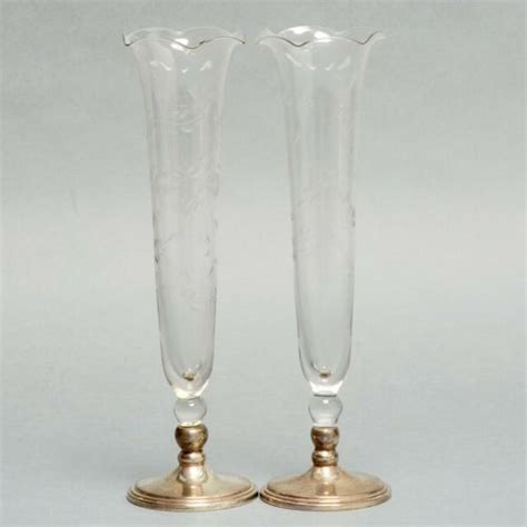 Pair 2 Vintage Etched Crystal Vases With Sterling Bases 10 5 Ebay