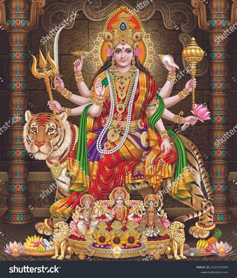 The Hindu Goddess Sitting On Top Of A Tiger And Surrounded By Other
