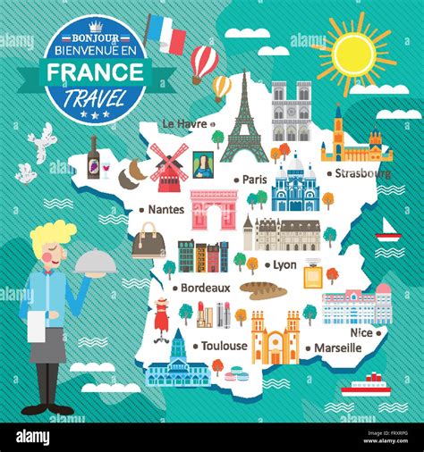 Attractive France Travel Map With Attractions And Specialties Stock
