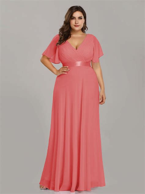 Plus Size Empire Waist Evening Dress With Short Sleeves Long Party Gowns Evening Dresses Plus