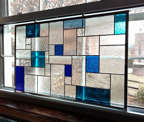Geometric Stained Glass Window Panel Blue And Clear Custom Stained