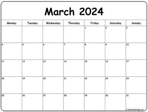 March 2024 Calendar Monday Start Linea Pamelina
