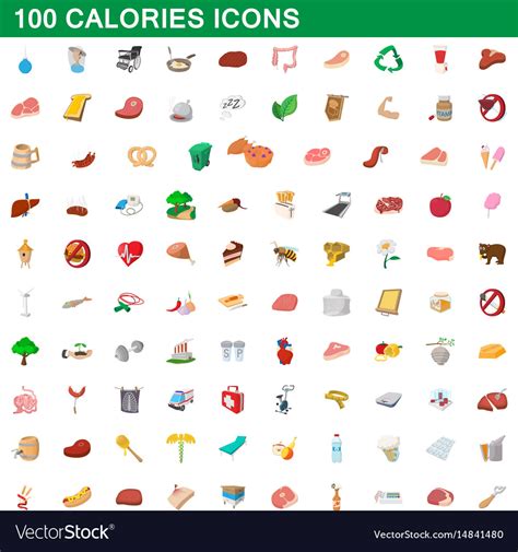 100 Calories Icons Set Cartoon Style Royalty Free Vector
