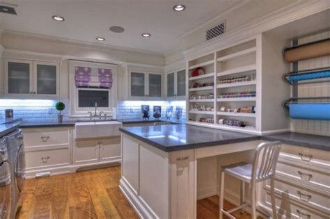 A long table built into the wall for plenty of work space with shelving above it for craft storage. Beautiful Craft And Laundry Room Designs-Multi-Purpose ...