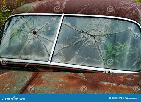 Broken Glass Windshield Vintage Car Rust Stock Photo Image Of