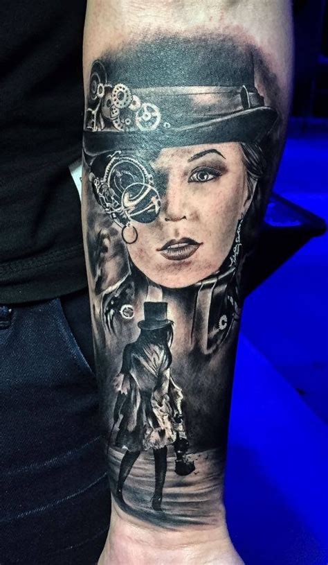 Black Ink Forearm Tattoo Of Woman With Mechanical Eye Tattooimages Biz