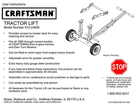 Craftsman Tractor Lift 610246 User Manual 13 Pages