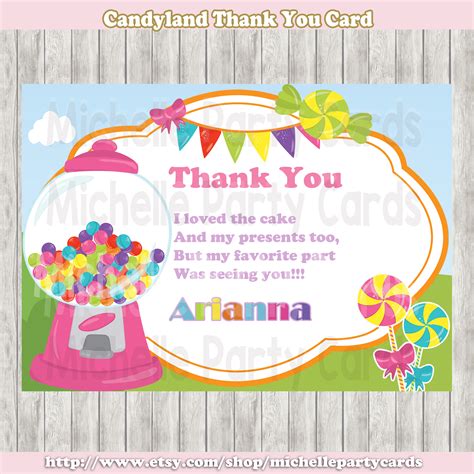 Candy Land Thank You Card Candy Land Party Color Full Etsy