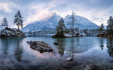 Lake Mountain Sunrise Nature Trees Frost Snow Forest Landscape Island Rock Winter