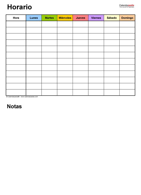 Horarios En Formatos Word Excel Y PDF Calendarpedia Com