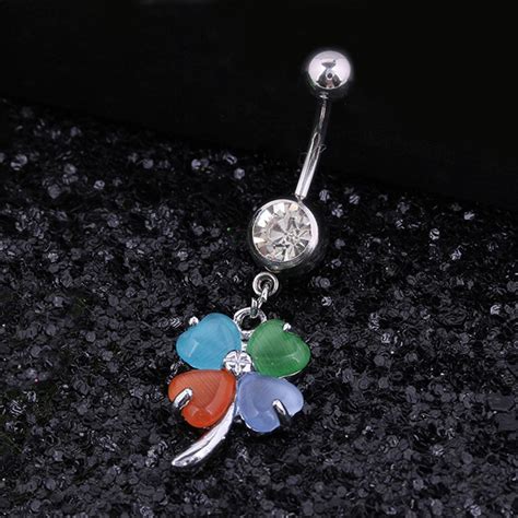 9 Colors Flower Belly Button Ring Clover Navel Piercing Surgical Steel Dangle Belly Bar Piercing