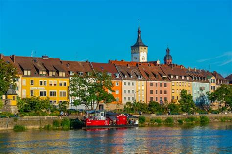Colorful Houses At Waterfront Of Main River In Wurzburg Germany