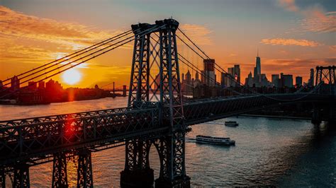 Download New York City Bridge Sunrise Architecture Dawn 1366x768