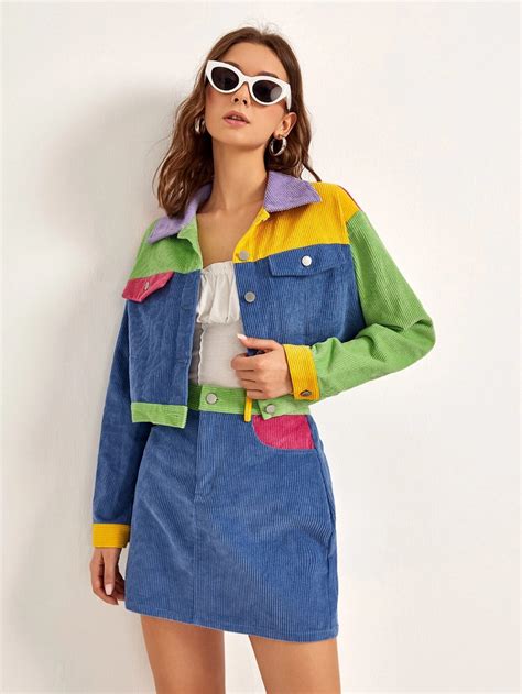 Shein Color Block Corduroy Jacket And Skirt Set Ropa Ropa De Moda Moda