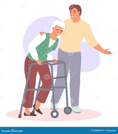 Caregiver Assist Old Woman Patient Flat Vector Stock Illustration