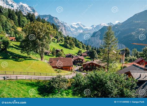 Wengen Village And Alps Nature Scenery In Switzerland Stock Photo