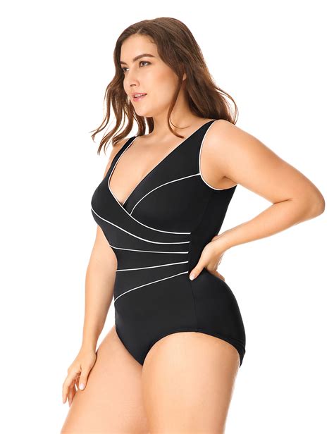 Delimira Womens Slimming One Piece Piped Plus Size Swimsuit Bathing