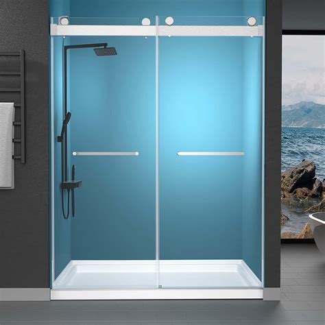 Getpro Shower Door 57 60 W X 79 H Brushed Nickel Frameless Glass Shower Doors Double Sliding