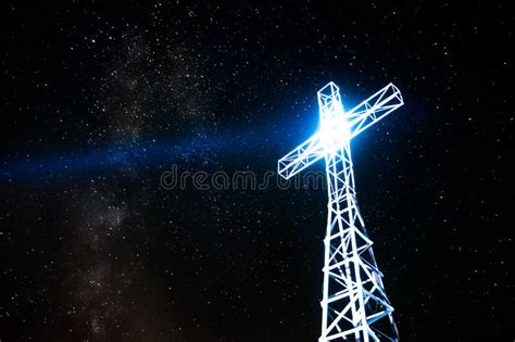 Lighted Cross On Starry Night Sky With Milky Way I Stock Image Image