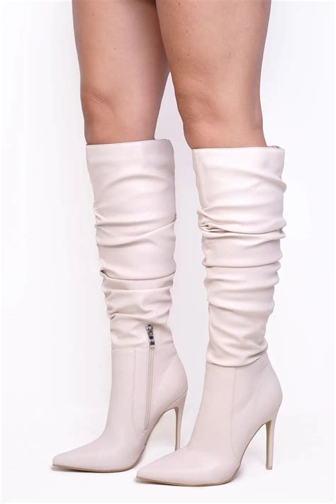 natasha cream knee high ruched boots shopperboard