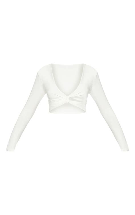 White Slinky Twist Front Long Sleeve Crop Top Prettylittlething Aus