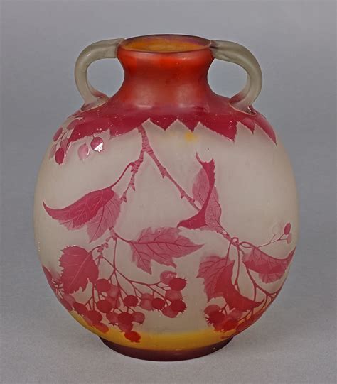 A French Galle Cameo Glass Two Handled Vase With Red Berries And Leaves Decoration