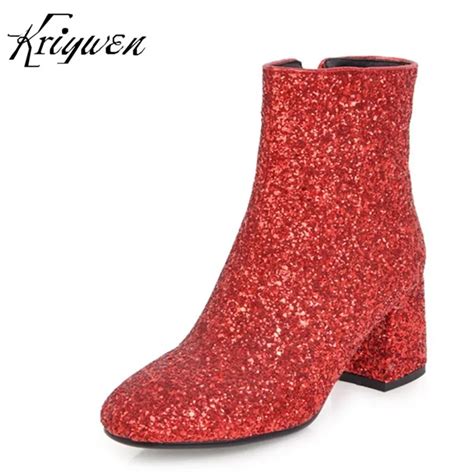 Kriywen Women S Fashion Boots Glitter Red Gold Club Ankle Shoes Zipper Woman High Heels Martin