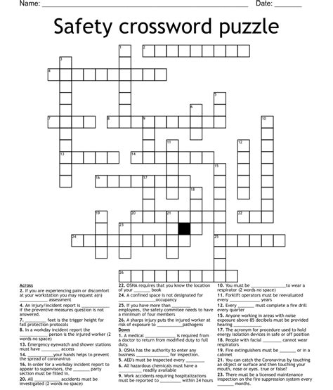 Safety Crossword Puzzle Wordmint