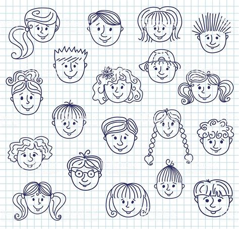 Set Of Smiley Children Faces Doodle Style Illustration On A Squared