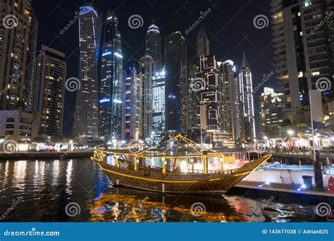 Luxury Boats Docked In Sea Port In Dubai Marina United Arab Emirates