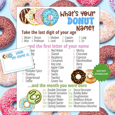 Whats Your Donut Name Game With Nametags Sign Donut Party Game