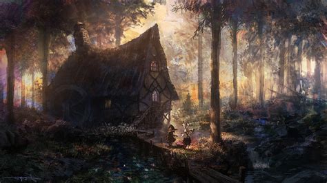 House Forest River Trees Artwork Fantasy Art Cabin Wallpapers Hd