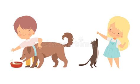 Little Boy And Girl Feeding Dog Pet And Playing With Cat Vector Set