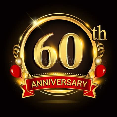 60th Anniversary Logo With Golden Ring Balloons And Red Ribbon Vector